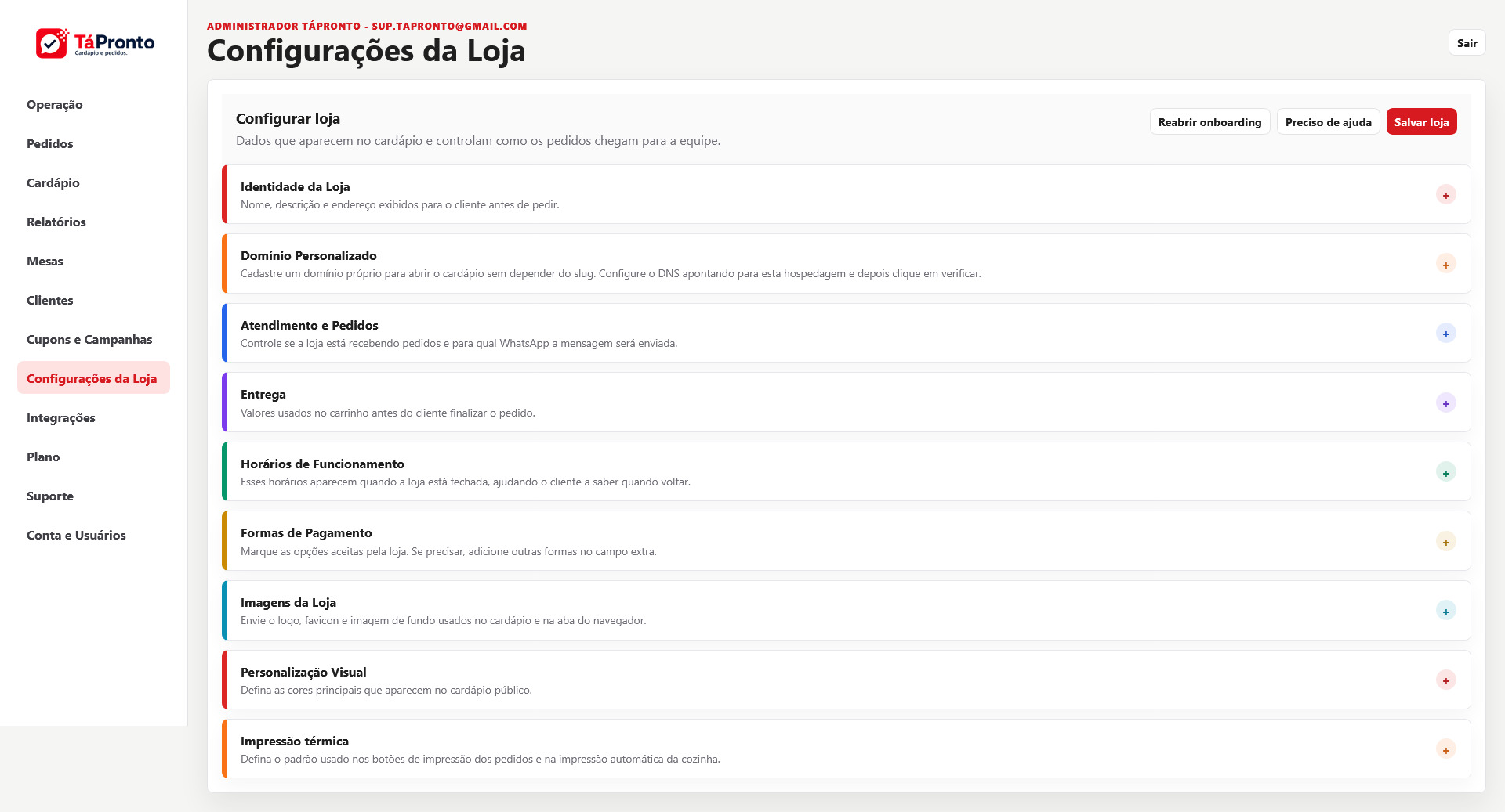 Tela de configurações da loja com domínio, atendimento, entrega e pagamentos