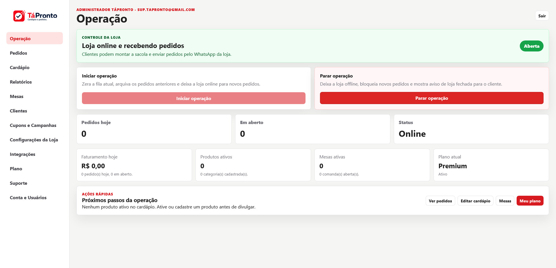 Tela de operação com loja aberta, métricas e ações rápidas