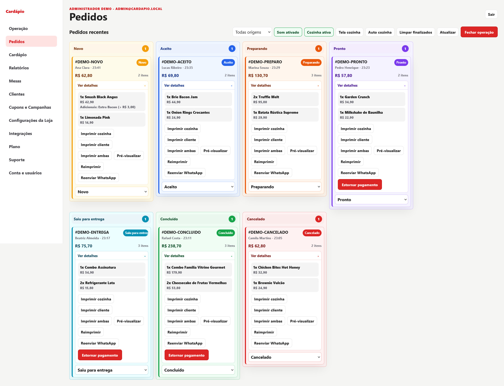 Painel administrativo com pedidos separados por status