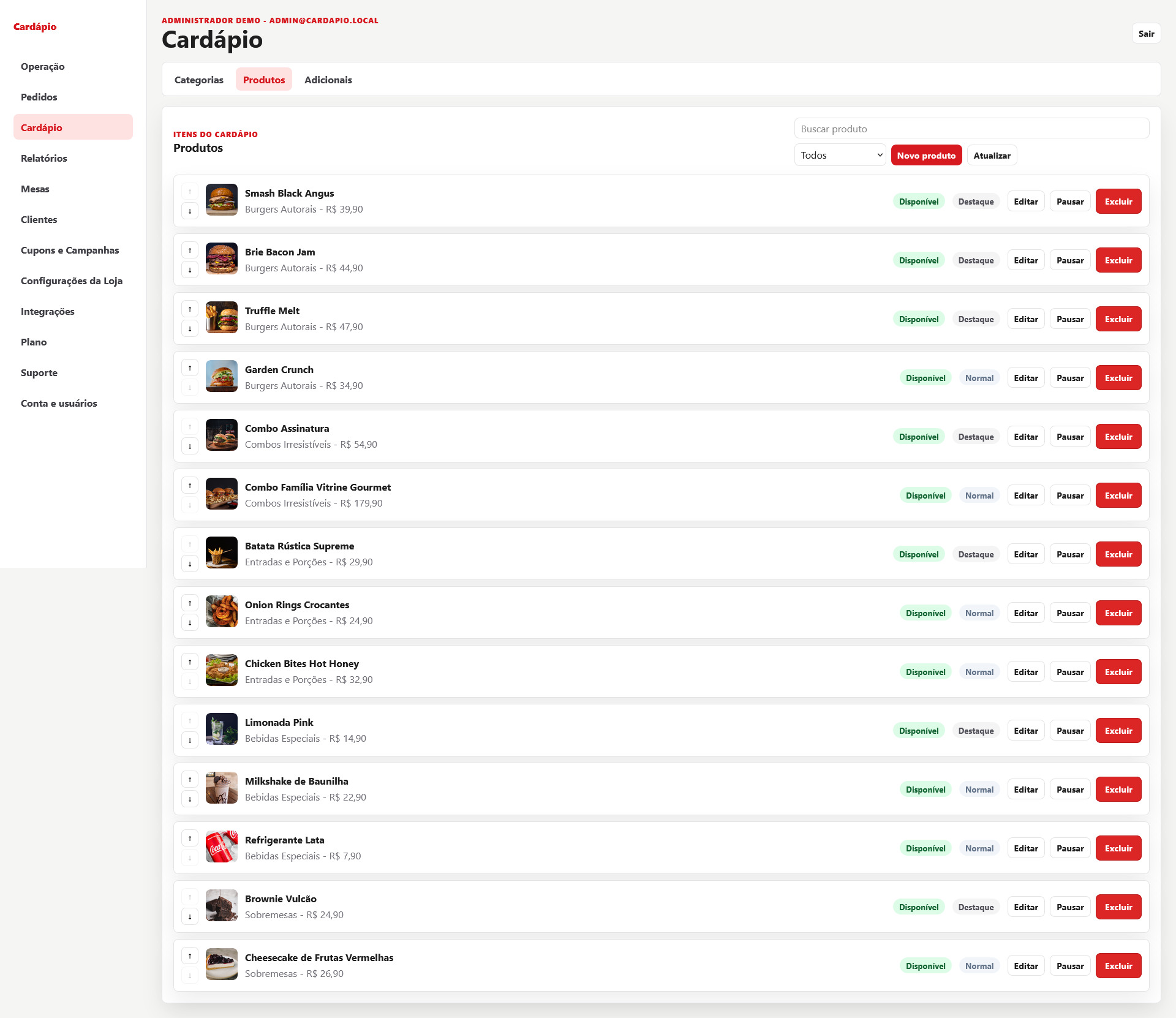 Tela administrativa de produtos com lista, filtros e ações
